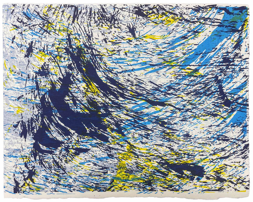 sunlight glinting off the waters at noon, as the waves gently lap against the shore, Risograph, 11 x 14 inches, 2021